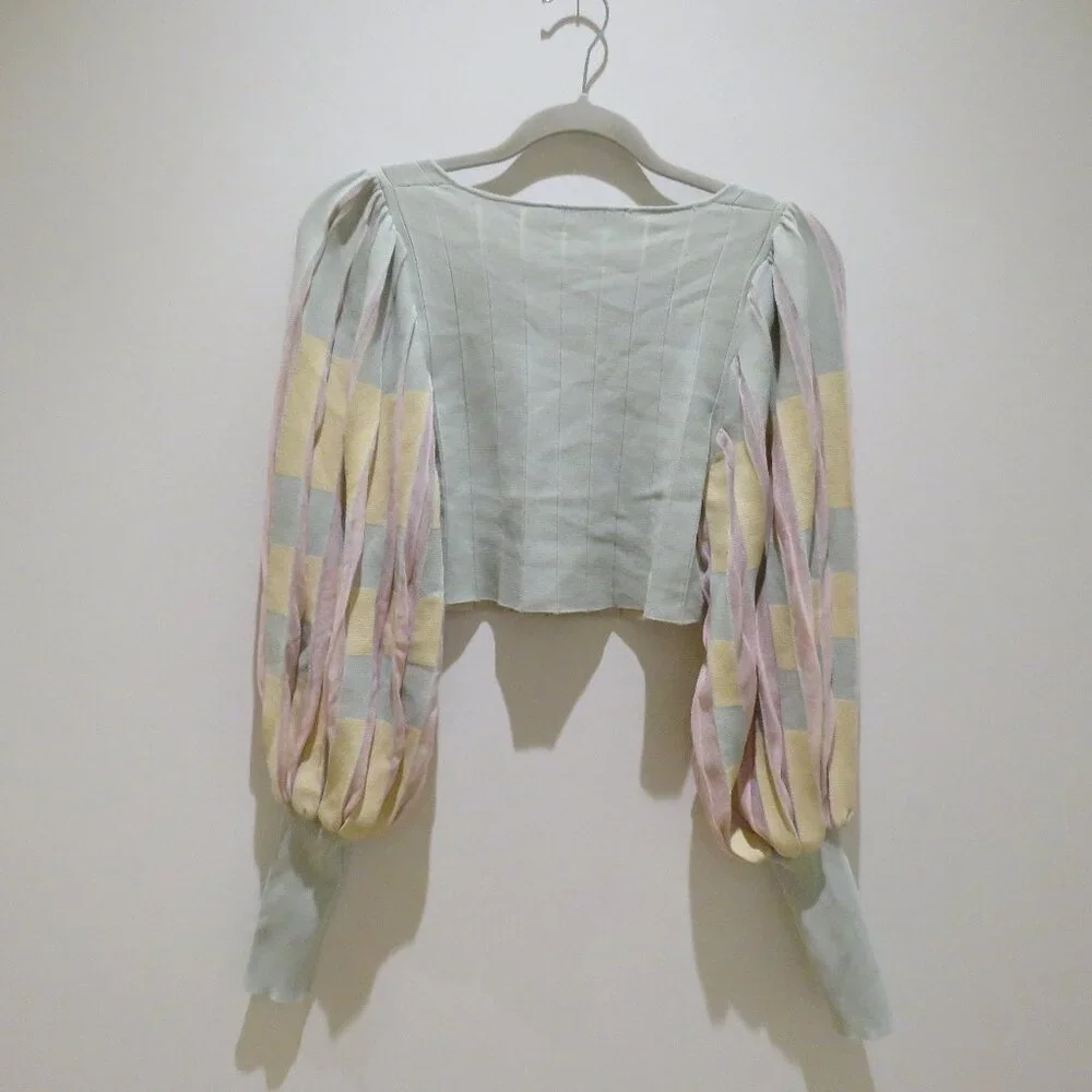 ZARA Pastel Balloon Sleeve Square Neck Knit Cropped Top Fairy Boho Romantic Sz S